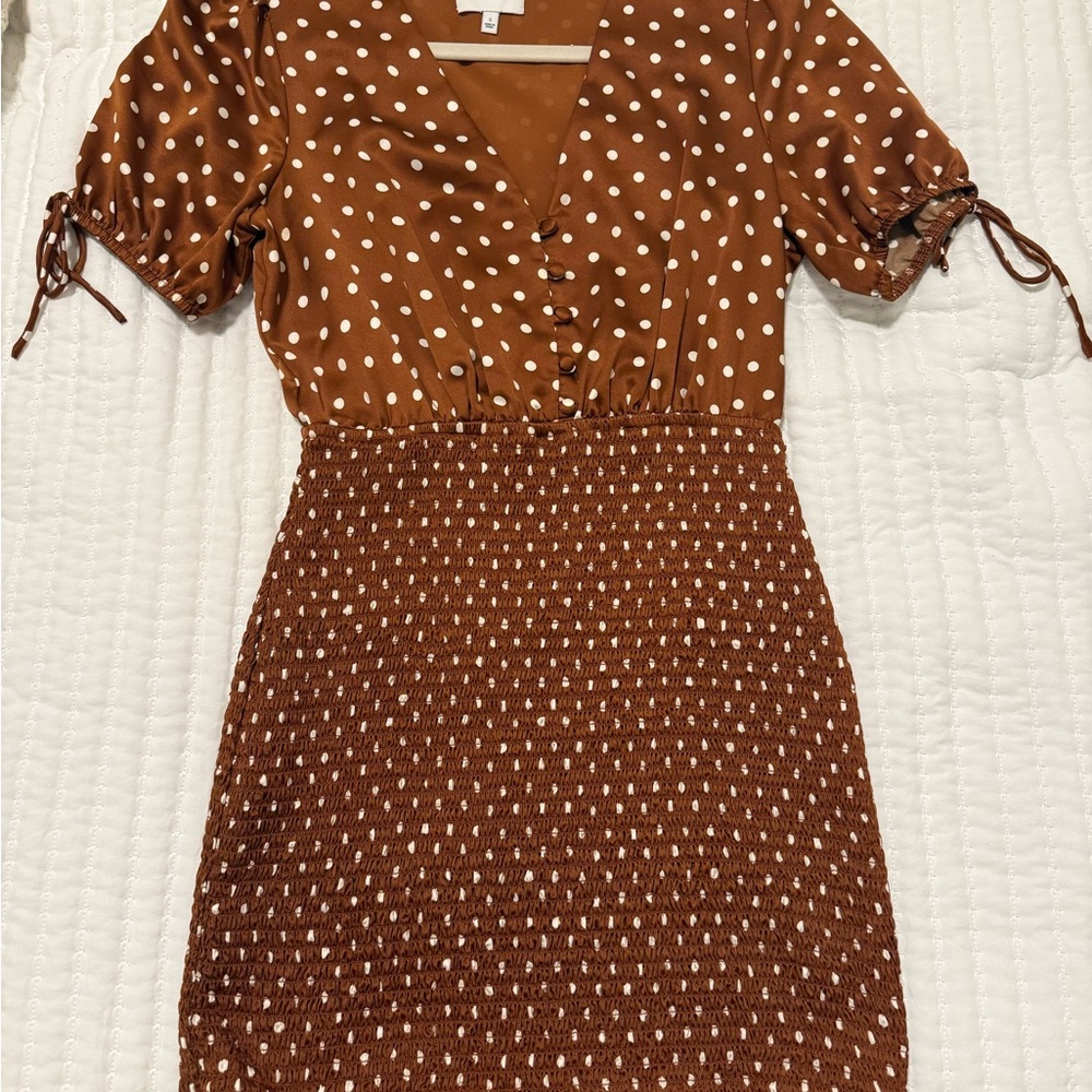 J.O.A. Revolve Brown Polka Dot Smocked Mini Dress